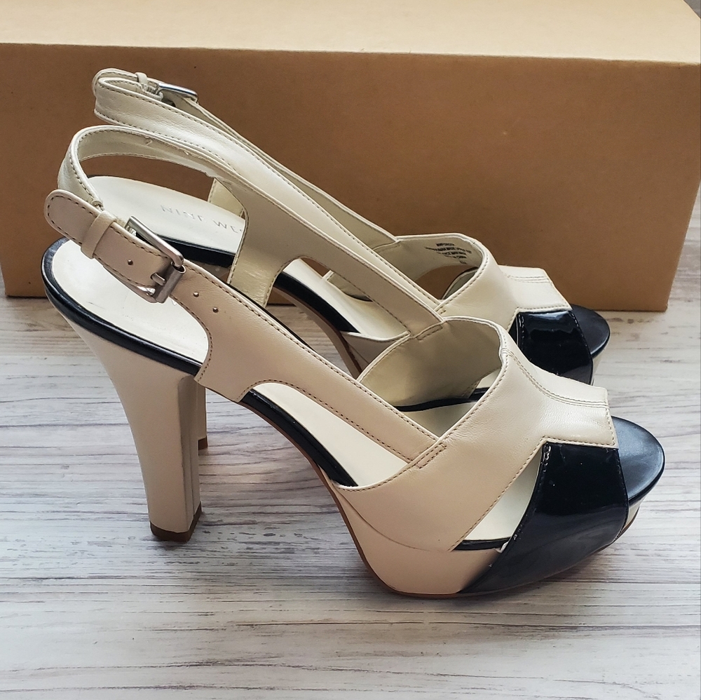 LAST DROP! Nine West Cream Leather & Black Patent Slingback Platform Sandals 8M